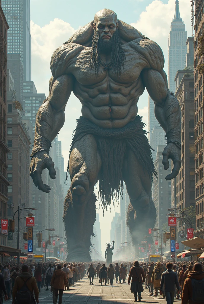 Lots of people running away from a big, muscular demon wearing shorts with a huge bulge in his crotch and everyone covered in semen