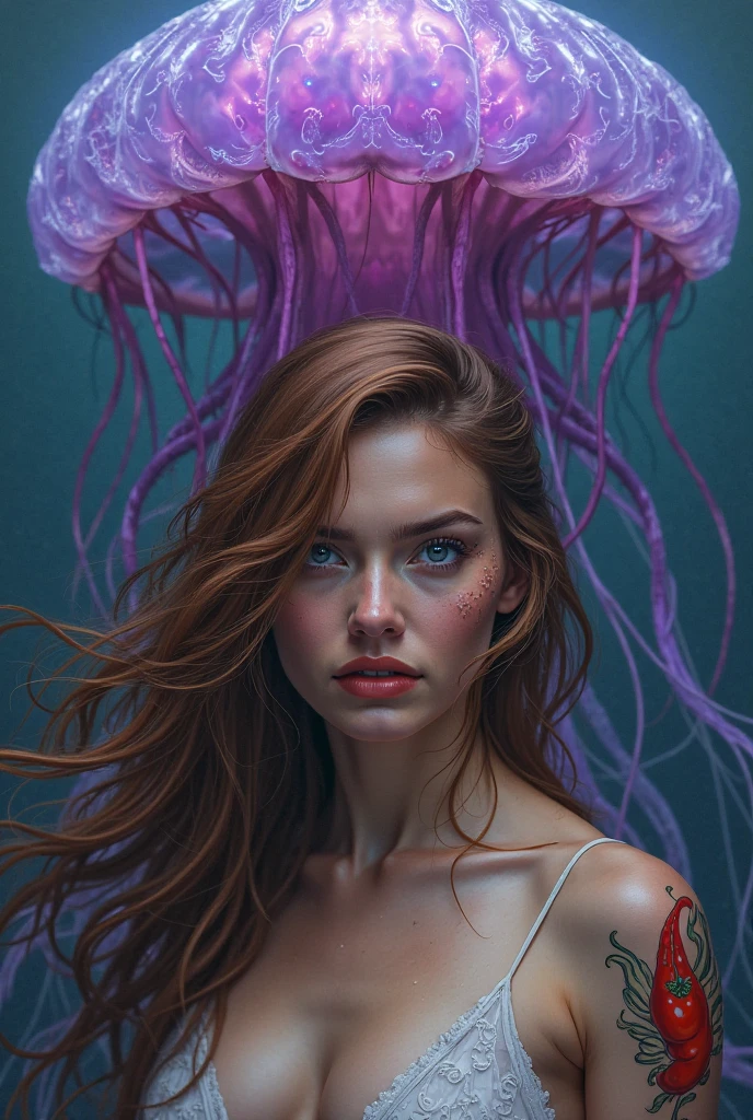 realistic surreal portrait of a person with autism, hyperrealistic oil painting, intricate details, striking visual fusion of various elements, surreal house, stars, spores, tentacles, detailed eyes, expressive face, fluid lines, strange illustration, pointillism, strong contrast, award winning artwork