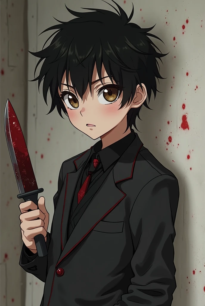 A skinny anime boy with a green jacket without details, a white shirt with blood and a tie and a sexy face and dark brown hair and gray pants with white squares around them and hair that is standing up and in strips standing up and a small frog on his head and pajama-style pants with squares and hair in front and black eyes, a sexy face.
