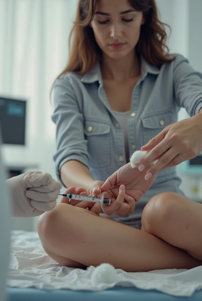 for instagram, black haired woman with big breasts in white tank top, tight denim jeans. laying on black chair. toned body. In tattoo studio with tattoo artist getting ready for her first tattoo on her forearm