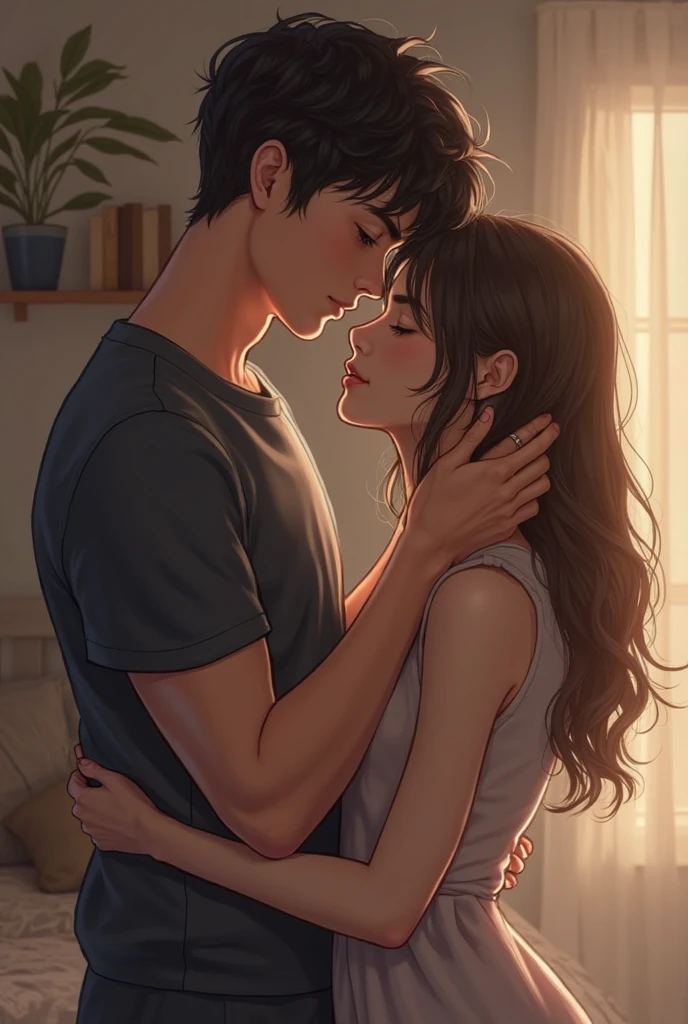 Woman with long brown hair in a white dress hugging man with messy black hair without facial hair 
