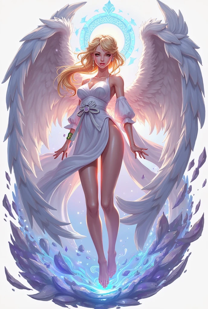 beautiful Angel, Wearing a gorgeous dress that covers the whole body, luxurly gawn,Floating in the air, angel wings, (angel ring:1.3), outdoor, detailed face, detailed eyes, detailed lips, detailed nose, detailed foot, full body shot