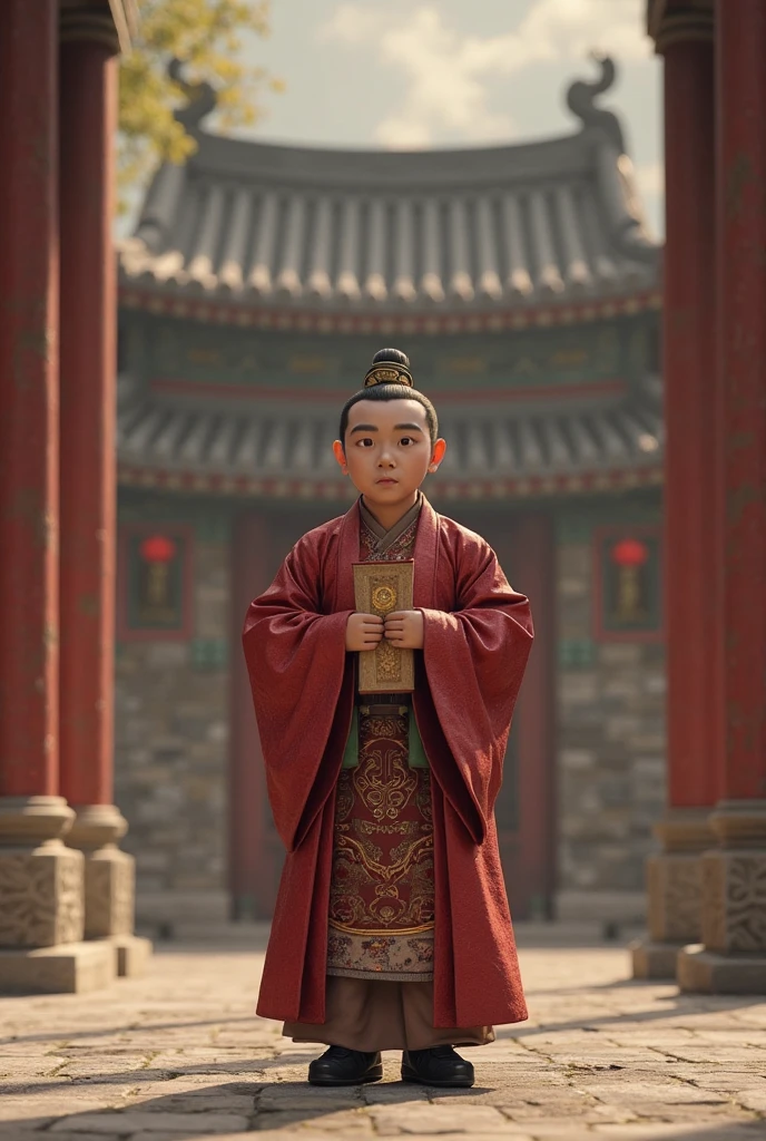 Close-up shot, (A young boy of 13, with a determined expression and regal posture, dressed in intricate silk robes adorned with golden dragon motifs, sits on an ornate throne made of dark, polished wood. His youthful face is serious beyond his years, eyes sharp as he surveys a grand hall lit by flickering torches. The backdrop is a vast stone palace with towering columns, intricate carvings of mythical creatures, and banners bearing the emblem of the Qin dynasty. The atmosphere is tense, filled with the weight of destiny) unreal engine, cinematic, hyper-real, highly detailed, Ultra realistic HD --q 2 --v 6.1 --ar 9:16