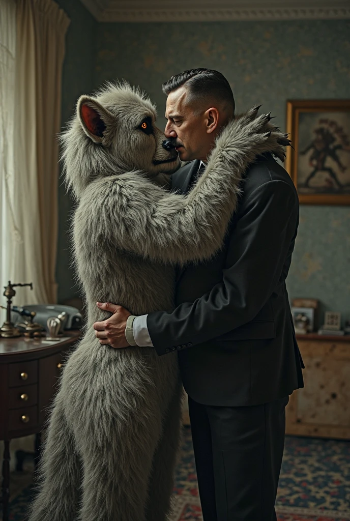 dad male gray wolf with small human blue eyes slighly chubby, no eyebrows, office suit, no pants white briefs ,white ankle socks , removing shirt , highly detailed lineart, 4k, best quality, masterpiece, vivid colors, physically-based rendering, white hands five finger, hugging , looking a mirror , touching belly, sleeping face