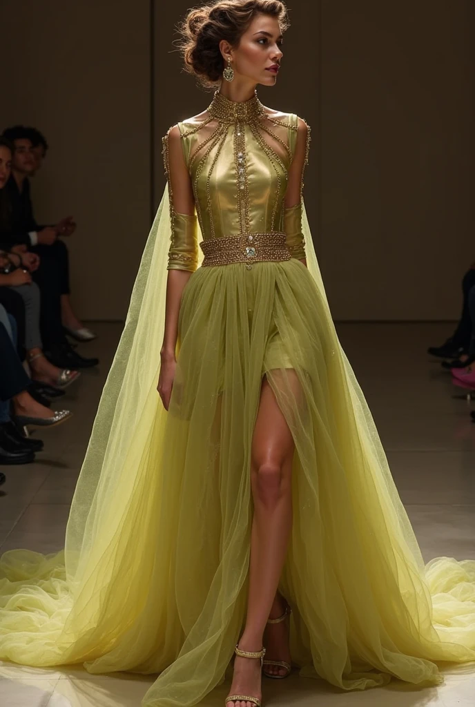 (Best quality, 8k, 32k, Masterpiece, UHD:1.2),Photo of Pretty Japanese woman, 1girl, (medium-short dark brown hair), double eyelid, fashion model,1.77meters， beautiful legs, unique maxi very wet light green dress with slit, off-shoulder, gold belt, choker, stand tall, runway, huge stage, Paris Collection, nsfw, full body, see through,,
