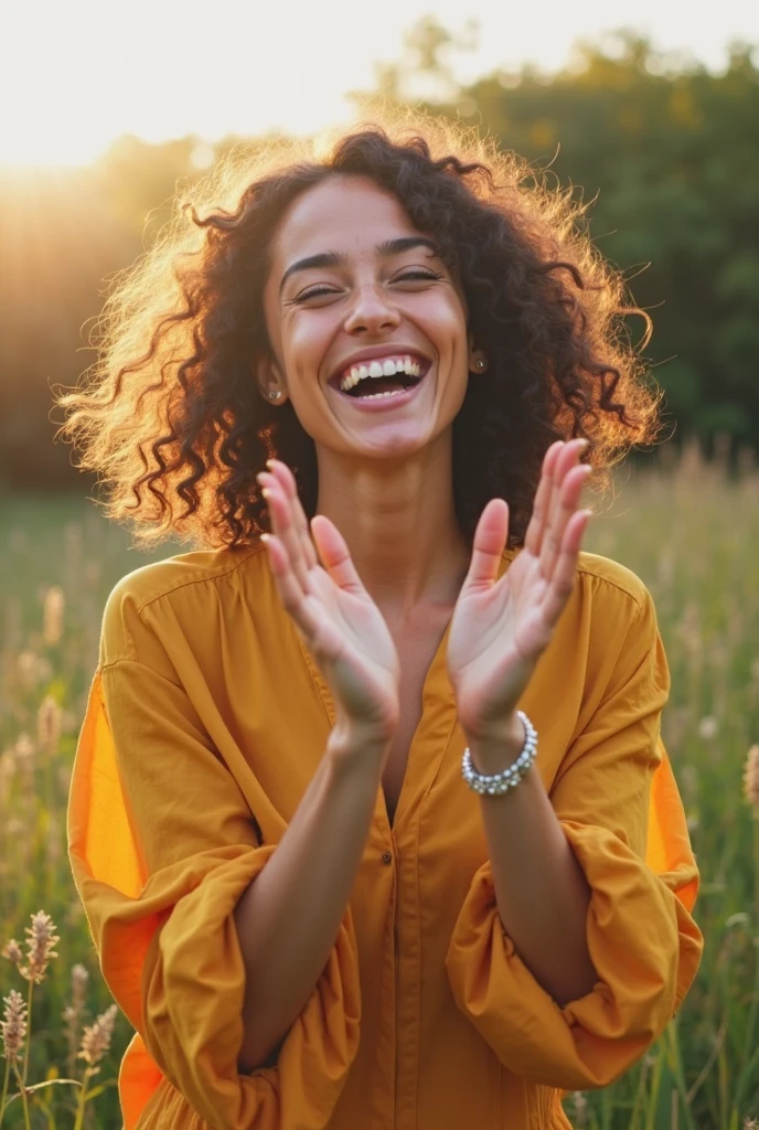 A woman celebrating her success, cheerful and happy, wearing a blue dress with sleeves covering her , arms raised, full body shot, realistic photography, photorealistic, HDR, sharp focus, professional, vivid colors, natural lighting