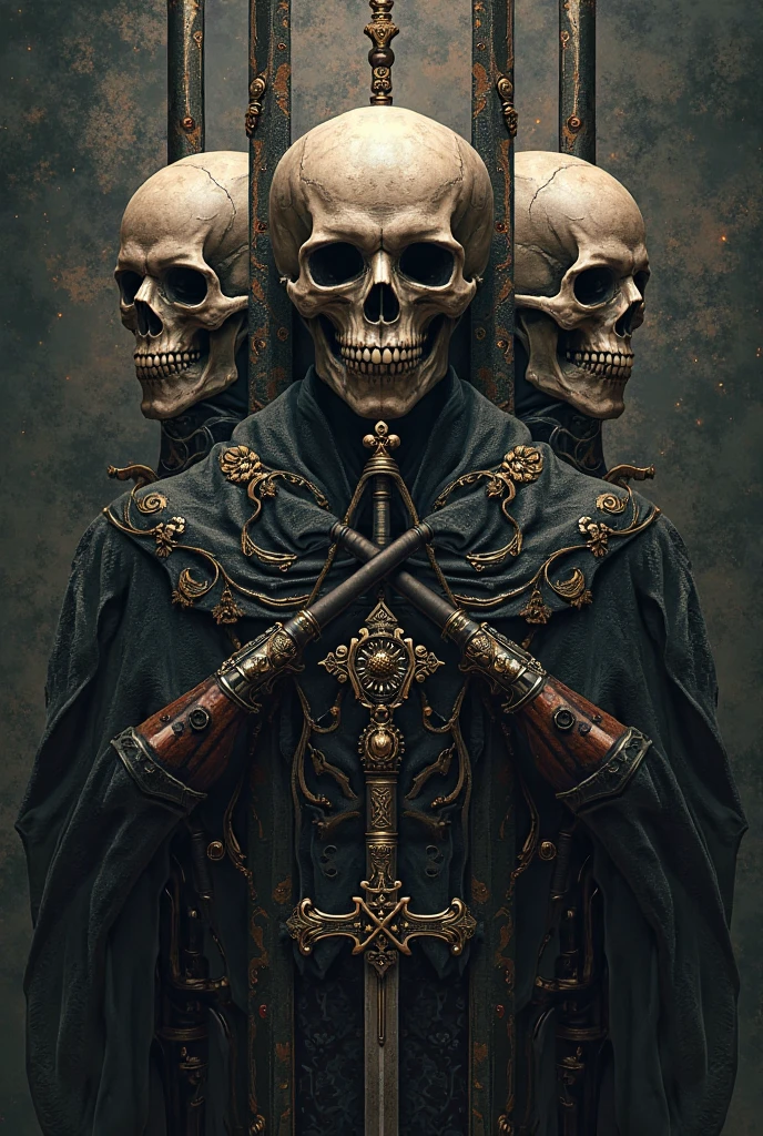 Skull with witch hat and piston cross like bones
