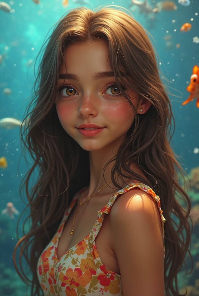 movie picture quality，Disney animation，Disney animated films，Little girl swimming in sky sitting on koi，Short hair and small braids，Denim suspenders，The barefoot，depth of fields，high light，Real light，Ray traching，oc rendered，Hyper-realistic，best qualtiy，8K，Works of masters，super-fine，Detailed pubic hair，Correct anatomy，sharp focus on eyes，Bokeh，Facial features are carefully depicted