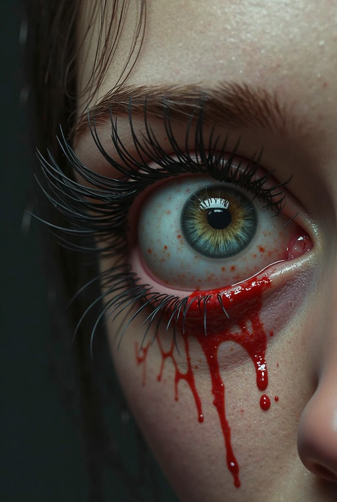 Imagine a realistic eye of a woman where is everywhere is blood
