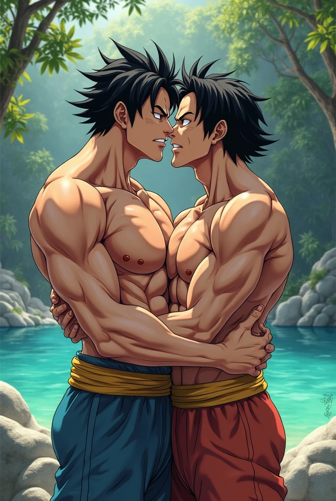 2 boys duo 2men rugged muscular shirtless kissing (naked), Natsu Dragneel and Gray Fullbuster kissing in a forest. Good body proportions, good composition, arms on waist, embrace, good arms good hands, ((distinct arms:1.2)). Tattoos and two penis and two scrotum and rugged. (Masterpiece, HD, 8K, Detailed skin texture, fireflies droplets, particles, change render, artstation, deviantart), (handsome faces, detailed faces)