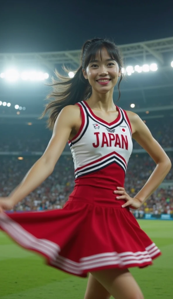 A woman watching the cheers from the stands ,Olympic stadium, (enthusiastic crowd),A large audience, Olympic cauldron, Olympic flame, Olympic rings,Olympic symbols