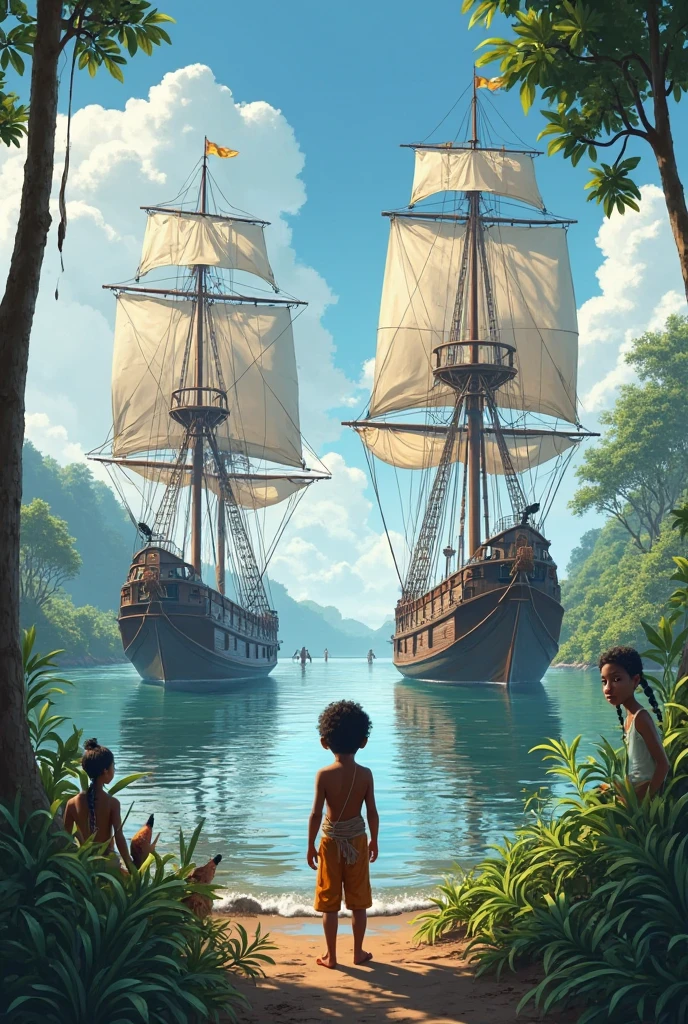 Recreate the painting scene, The girl and the Santa Maria arriving in America, Do it as if a thin indigenous child in indigenous clothes was pointing from the beach when the boats arrived, There is a lot of jungle around and a storm with big waves in the sea and in the distance you can see the ships.. On the horizon behind the ships the shadow of a burning cross, On the ground there are several objects lying around, such as indigenous weapons., Gold objects and coconuts scattered all over the beach.