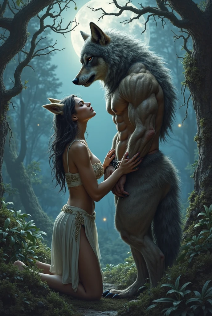 Draw a nude of a slightly overweight, gentle-looking wolf beastman that is popular among furry gays.
