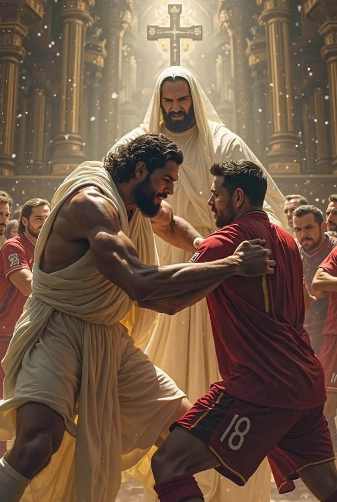 Strong and muscular Bolivian men fighting furiously in white underwear on the floor, inside a large historic dressing room, with stained glass windows and benches in the background, in a building from 1650.