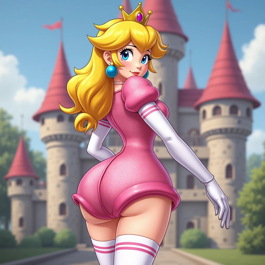 princess peach wearing a revealing white wedding dress. big eyes, slim body, perfect tits, round ass, sexy legs, high shoes, white shoes, detailed body, blue eyes, defined face, red lips. mushroom landscape. Fantasy castle, Mushroom World. dark, dynamic pose. at night, detailed legs. Lively. 8K.
