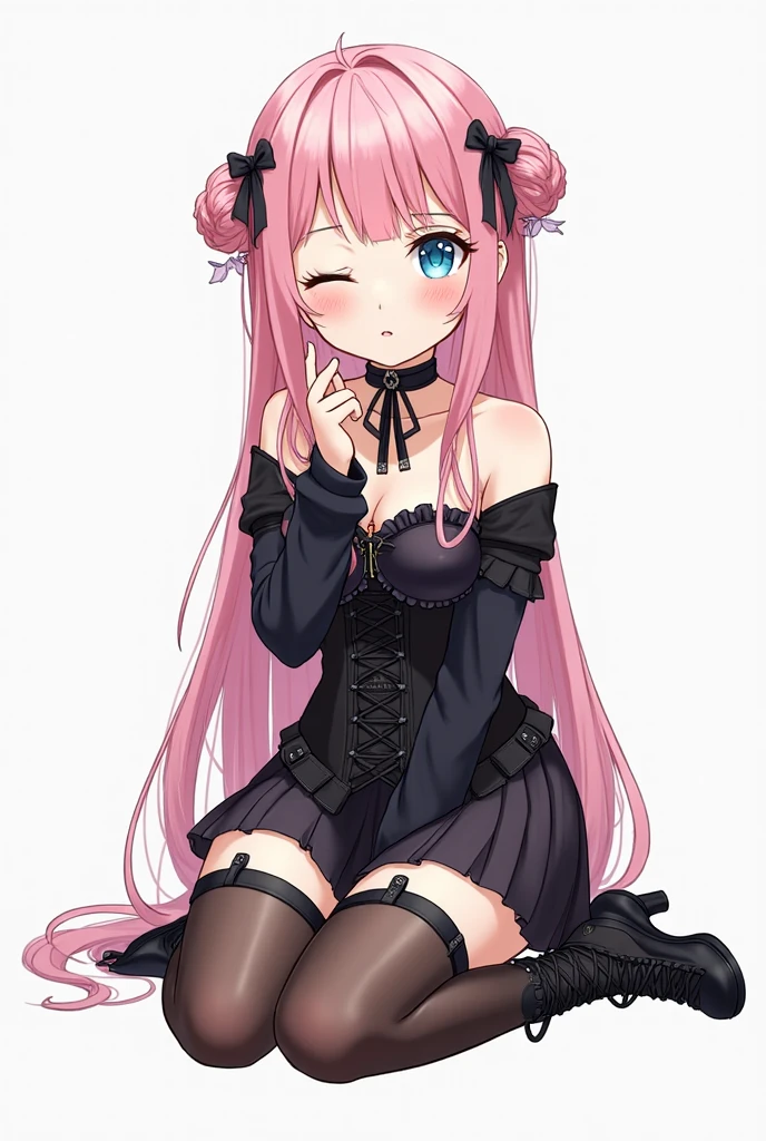 Girl with pink hair, long twin-tail hairstyle, ((small pink bushy eyebrows)), dressed in gothic lolita clothing, lolicon (Zankuro) drawing style by zankuro artist, Zancro style, image uploaded to R34, flirty smile, in restaurant, lifting her dress to show her wide and naked hips, underwear in her hands, with a question expression