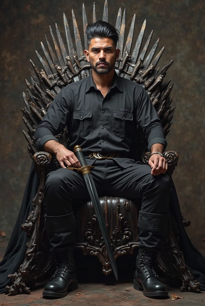 a man sitting on an iron throne, virat kohli, game of thrones, highly detailed, intricate background, cinematic lighting, dramatic atmosphere, photorealistic, 8k, hyper-realistic, sharp focus, vivid colors, epic fantasy
