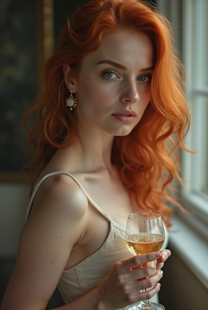 a woman sitting in a bar with a drink in her hand, a portrait, by Anita Malfatti, pexels, renaissance, white silk clothing, amber jewelry, beautiful girl, silver necklace, wearing a nightgown, anna nikonova, redhead, girl with pearl earring, wearing white v-neck blouse, full resolution, young handsome pale rome