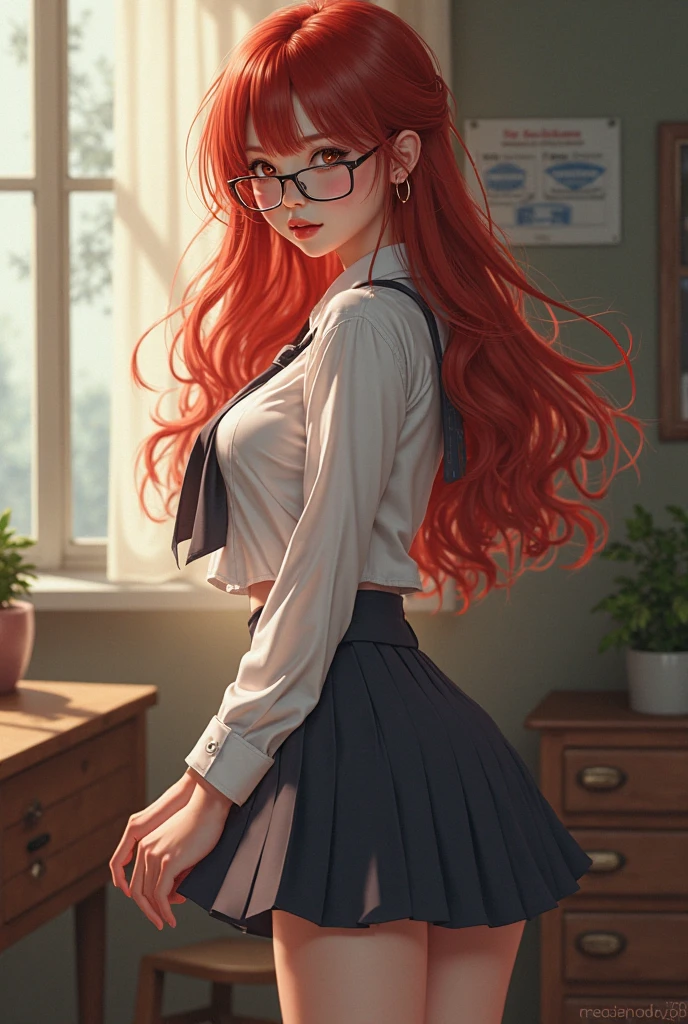 framing her heart-shaped face with vibrant hues of orange and red. Her skin had a warm, sun-kissed glow, accentuating the natural rosiness of her cheeks. With her glasses perched on the bridge of her nose, her bright, piercing eyes sparkled with intelligence and a hint of mischief.
The academy uniform hugged her slender figure, showcasing her toned physique. The short, pleated skirt stopped mid-thigh, revealing long, shapely legs clad in black stockings. A crisp white blouse with billowy sleeves complemented her modest bust, while a red tie cinched at her waist added a pop of color to her overall ensemble. Black knee-high boots completed the outfit, giving her an edgy, confident stride.