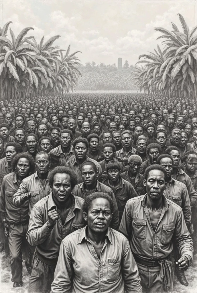 (masterpiece, high resolution, photo-realistic:1.3), tired Congolese workers, (worn-out clothing:1.2), (sunburnt skin:1.1), hard labor in rubber plantations, under brutal Belgian oversight, tropical landscape, unforgiving heat, (exhaustion and determination in their eyes:1.2), (aged photograph texture:1.3), sepia tones, oppressive atmosphere, full body view, action shot.