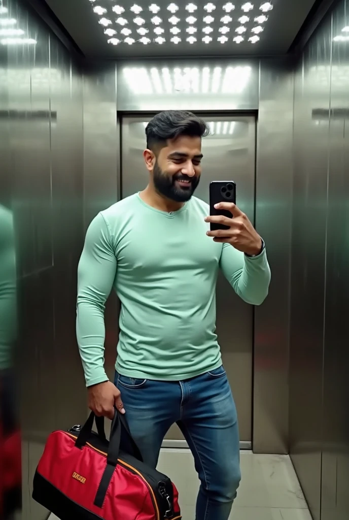 arafed man taking a selfie in a gym with a mirror, a picture inspired by Saurabh Jethani, trending on dribble, realism, in tshirt, he is about 3 0 years old, in a gym, he is about 30 years old, without beard, blue tight tshirt, wearing fitness gear, portait photo profile picture, working out