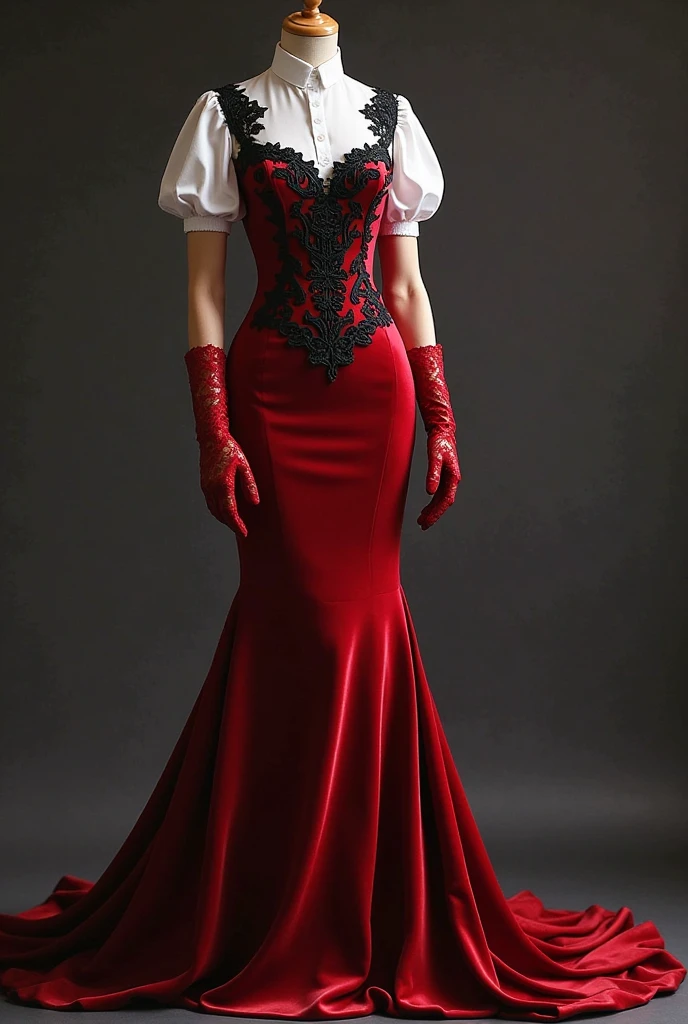 Woman wearing a corset and hijab, full-body pose,e, red satin mermaid skirt with a long flowing train, accented with a flowy dramatic train, complemented by an apron, kitchen backdrop with various cooking implements and spices, ambient kitchen lighting, volumetric lighting, ultra fine details, dramatic lighting.