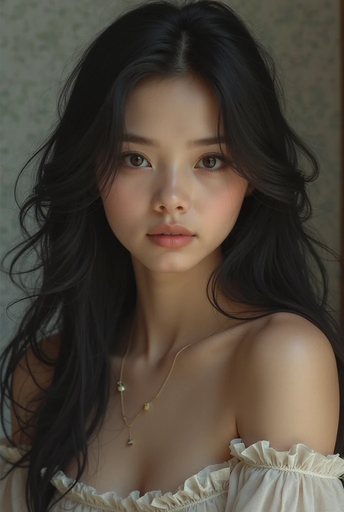 A Beautiful Women with soft features black hair Dark brown eyes and white skin (NSFW)