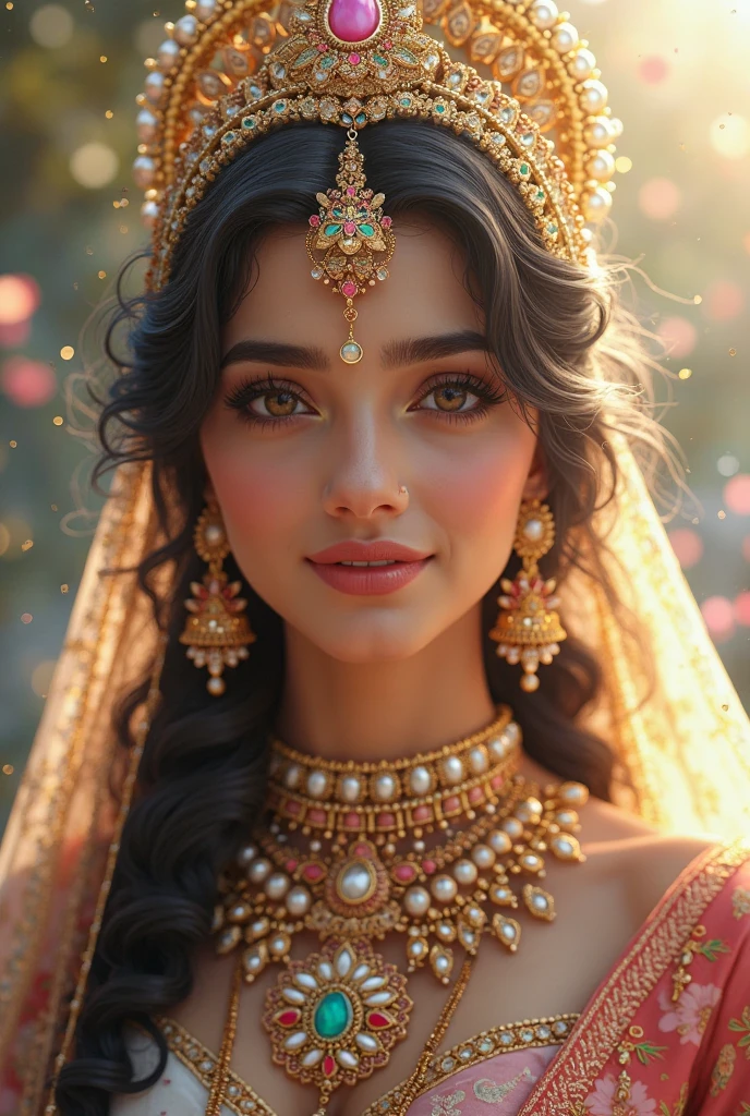 a beautiful young indian woman, beautiful detailed eyes, beautiful detailed lips, extremely detailed face, long eyelashes, radiant skin, elegant traditional indian clothes, intricate jewelry, warm smile, joyful expression, colorful background, detailed landscape, sun rays, pastel colors, soft lighting, photorealistic, 8k, high quality, masterpiece, intricate details, vibrant colors