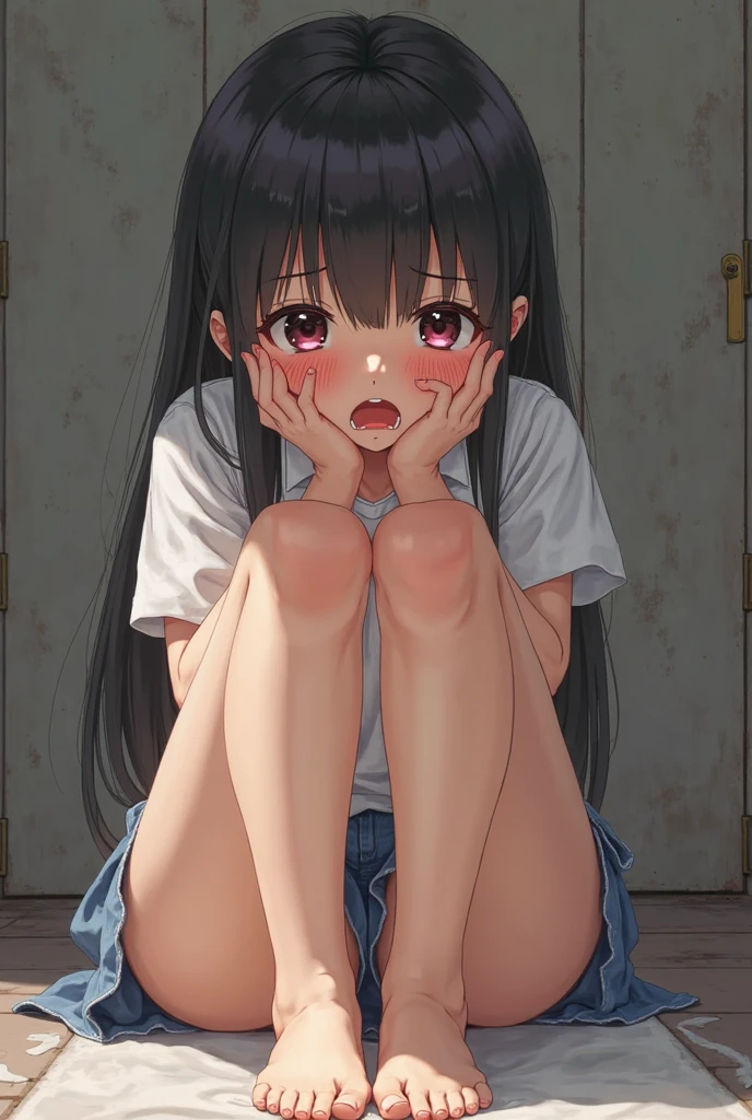 a pregirl，Cross-legged，Sitting in a bit of a messy room，Wearing very wide white clothes，There was a cardboard box in front of the girl，The girl's expression is boring，The perspective of the inspection is from the top down，plethora of colors，tmasterpiece，Overlooking，Estilo de Makoto Shinkai。