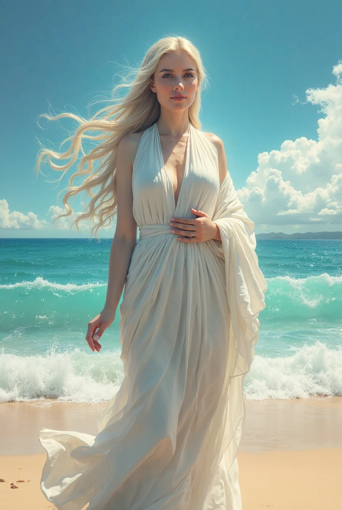 Blonde woman with blue eyes,European people,delicated face,mature pretty woman,Wear a long white dress,intelligent,Holy,goddes,Have by the sea,The sea under the night sky,A huge full moon rises from sea level,Wallpapers,Extremely clear