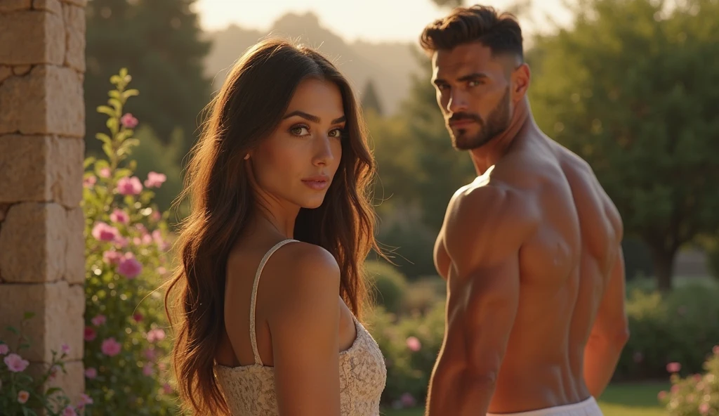 a beautiful Mexican couple, man and woman, facing forward, looking at the camera, detailed face, Man has wavy hair, woman has huge breasts, huge ass, wearing a casual top and short jeans, walking through a flower garden, showing sexy legs, photorealistic, 8k, hyperdetailed, masterpiece, vivid colors, chiaroscuro lighting, dramatic lighting, volumetric lighting, cinematic, professional photography, female portrait