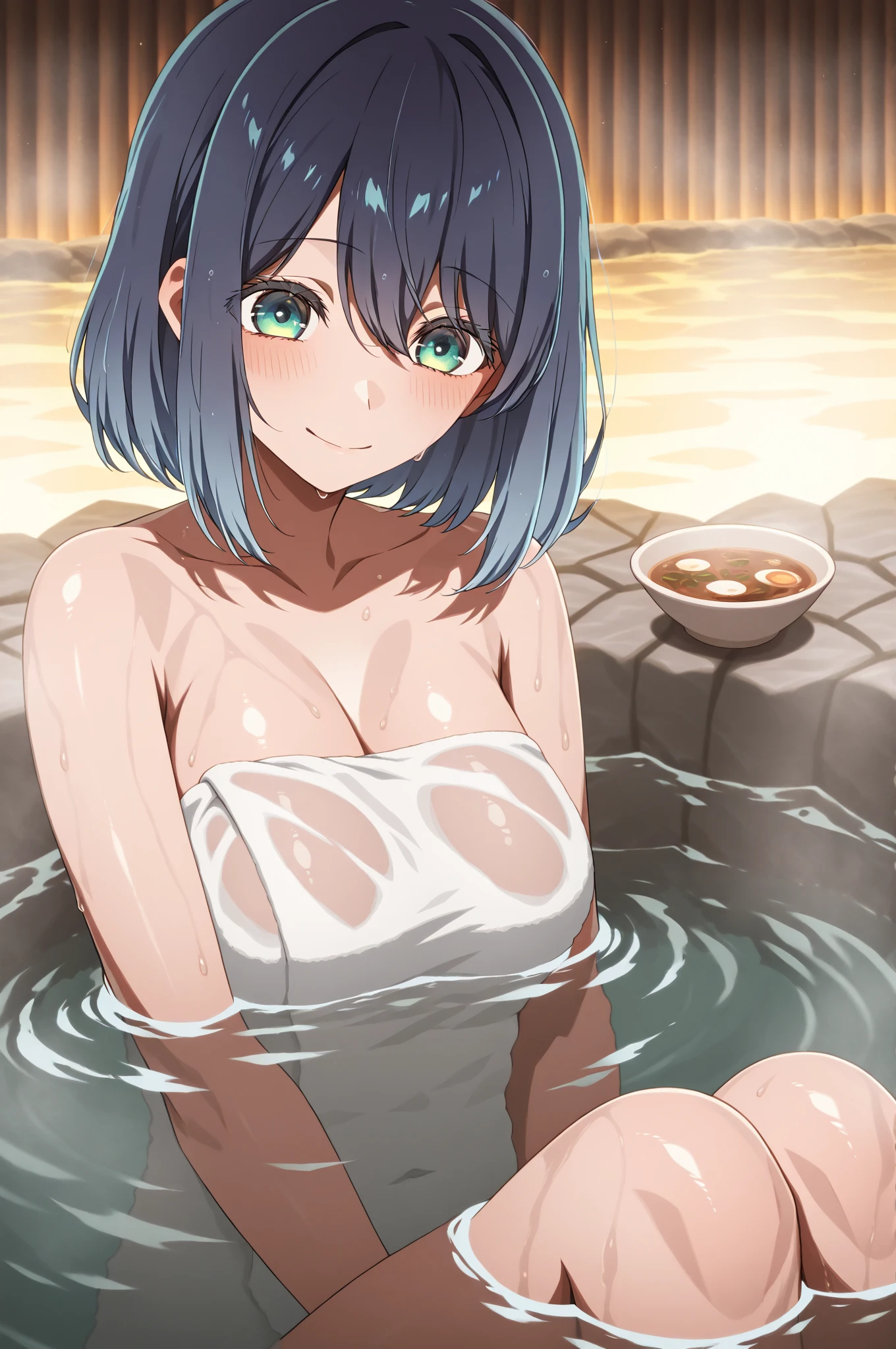 1girl, solo, short hair, Blue eyes, black hair, bob cut,, empty eyes , large breasts, nipple, frozen (Sweating profusely, Love juice, Wet Woman, female ejaculation) crying mountain , , crying, Naked, Peeing, lactation, projectile lactation, A retro Japanese-style coffee shop