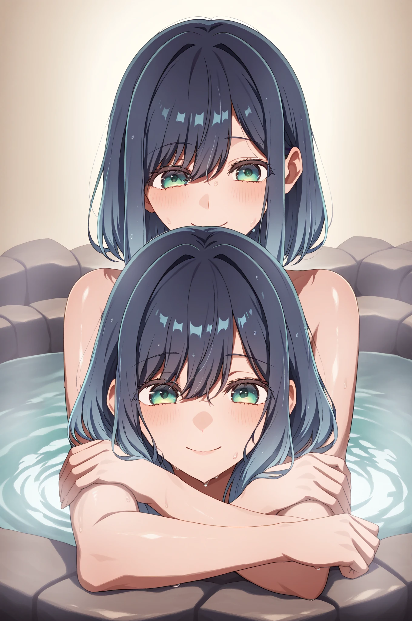 Japanese Public Baths, 2+girls, nude, chuckle, Viewer from side, vapor