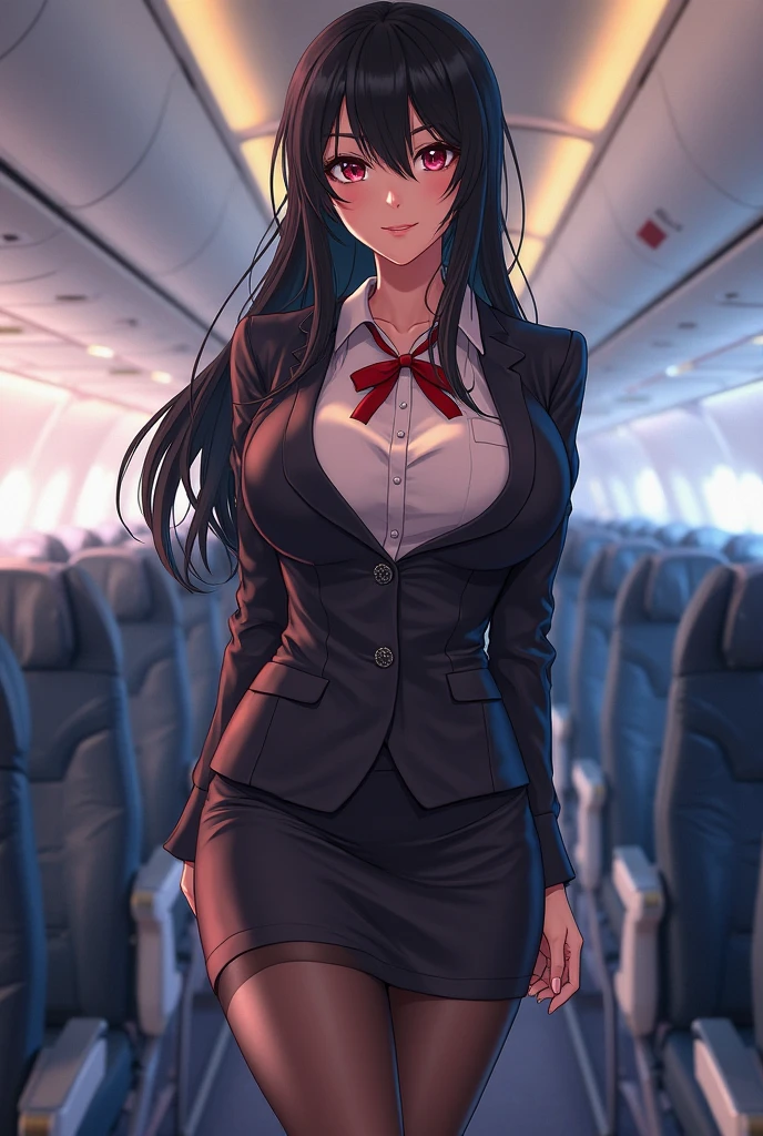 hyperdetailed face, Detailed lips, Blue eyes, Long black hair (Stewardess uniform:1.2), cleavage of the breast, a smile, prawn, (Standing), Perfect fit, Perfect image realism, Inside a luxurious plane, (Cowboy Shot), Meticulous Background,detailed costume、Perfect Lighting、Hyper-Realism、(Photorealsitic:1.4)、8K maximum resolution、(​masterpiece)、Details、Professional