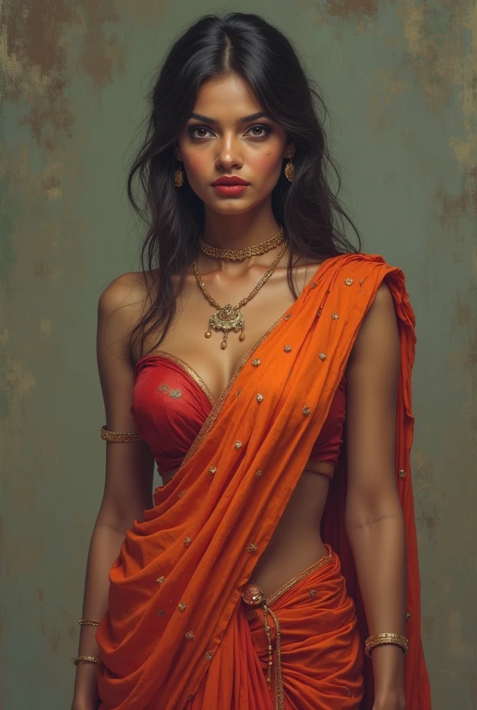 30 year old curvy Indian milf in saree showing midriff, breasts, bangles and necklace, thin waist chain