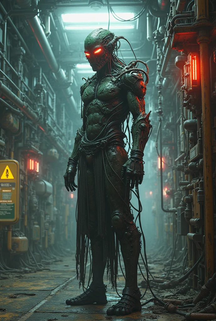 Bene, hoses and tubes connected to the body, chemical fluids, poison, toxic, muscular man, protruding veins, tearing skin, steroids, dark colors, green luminous fluid, black suit with green lights,