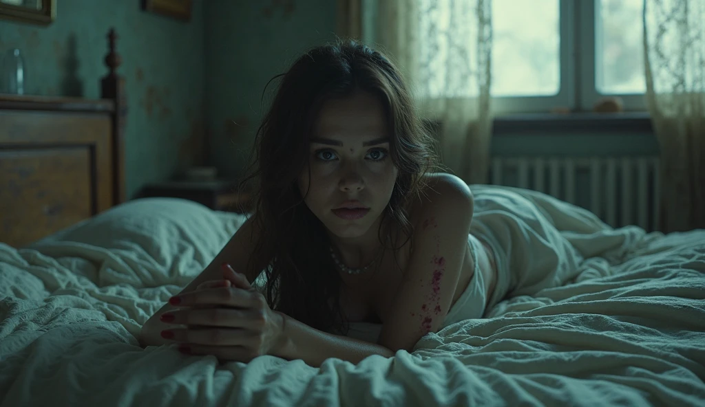 (photorealism:1.2), beautiful woman, sitting on bed, wearing loose off-shoulder top, holding bloody knife. Bloodied and wounded, gore, injured neck, crying in pain, warm colors, horror , (throatslit:1.5)
