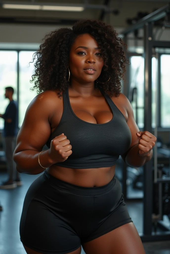 moda gorda, uma linda velhinha negra de 70 anos, (velho), Shorts de lycra, curvy body, vestindo uma roupa de fitness), Realista, Gordinho, intricado, hyper Realista, 8K, intricadoly detailed, cinematic, stunning Realista photography, rosto perfeitamente detalhado, altamente detalhado, vibrante, pele natural, Textura de pele real, octane rendering, cabelo encaracolado, cara feliz, It is, decote, (malhando na academia), Gordinho, (treinamento), pele molhada
