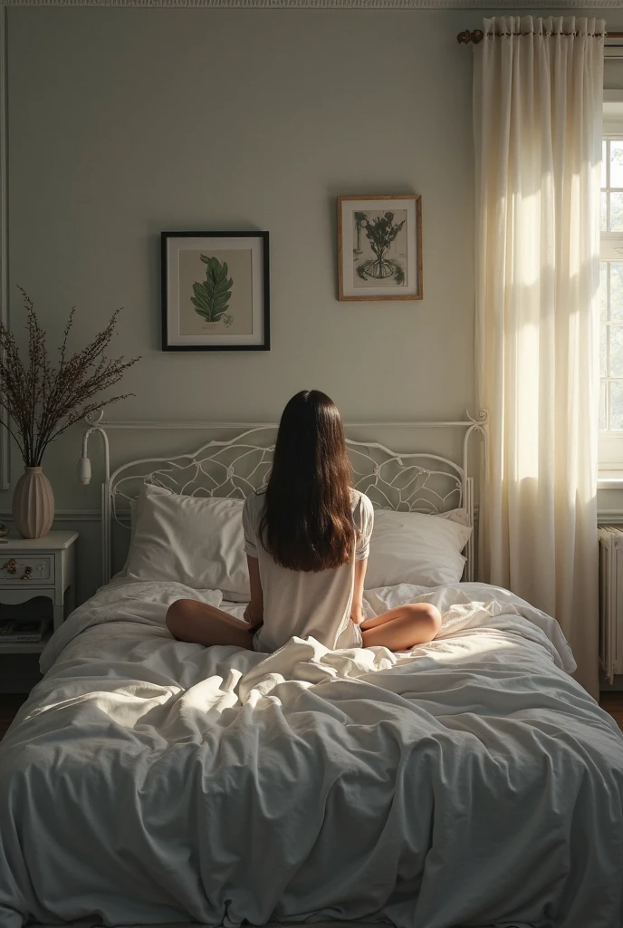 (YES NSFW), ((extreme detail)), (ultra-detailed), best quality, ultra high res, (8k, RAW photo, masterpiece, realistic, photorealistic:1.4), 8k uhd, dslr, absurdres, ray tracing, high quality texture, intricate details, detailed texture, finely detailed, 1girl, in ((luxury bedroom, bed, lamp, dressing table, chair, window, curtain)), abbassare, lower-panties, long brunette curly hair, wearing t-shirt, from behind, normal light, pubic hair. View from above.