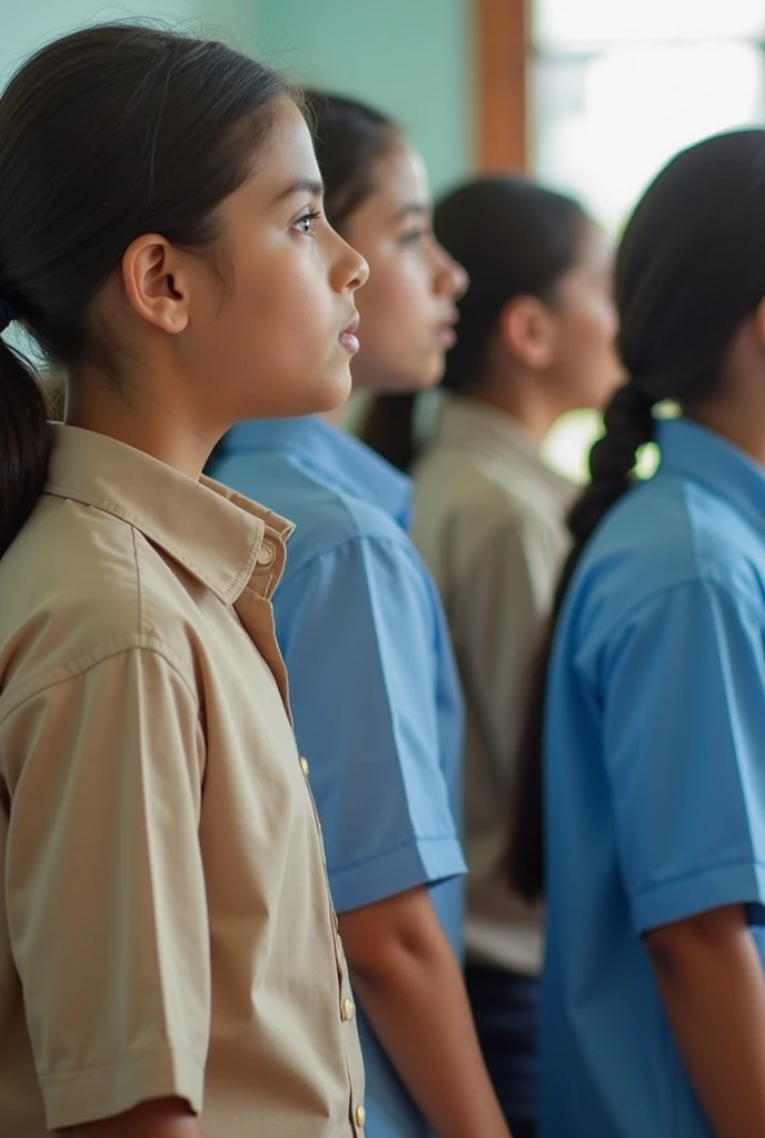 Students are standing in the morning assembly with blue pants and white shirt ratio 16:9
