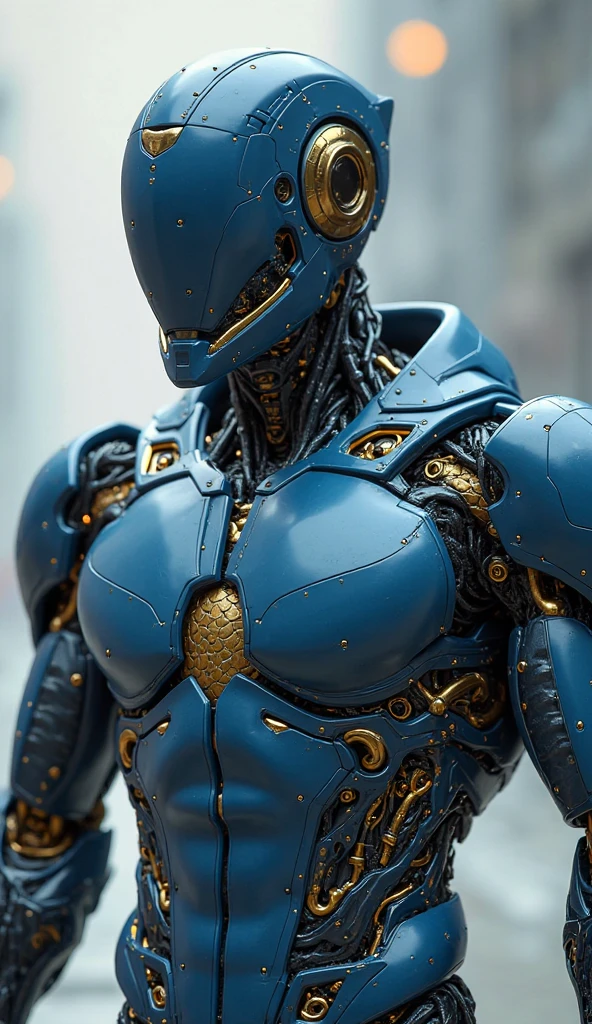 Generate a concept in AI，AI，Half Body，Mecha like Marvel's Hulk full color petrol blue and rust armor, cyberpunk hi tech helmet, Technology，Surreal, white background