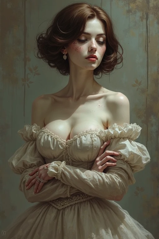 Busty woman, sitting on a table , (white lace:1.4), slender, White open shirt, no bra, pendant, fantasy art, concept art, delicate features, feminine, auburn hair, seductive, Chiaroscuro lighting, (style of howard chandler christy:1.0), (charcoal sketch by jean-joseph benjamin-constant:1.3)