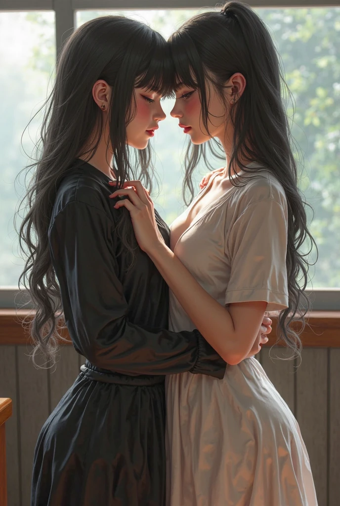 A woman holding a cigarette is gazing into the distance, Black Hair, Long Hair, The tip of the cigarette is red and smoking, Late at night, I'm leaning my elbows on the balcony and looking at the stars, Wearing a tight black T-shirt and jeans, barefoot, I can see that the light in the room is leaking out a little., Unusual face, Handsome, sideshot, 30 years old,