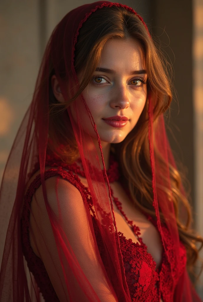 A very beautiful woman with a red veil, in the style of light and color effects, graphic contrasts, matte photo