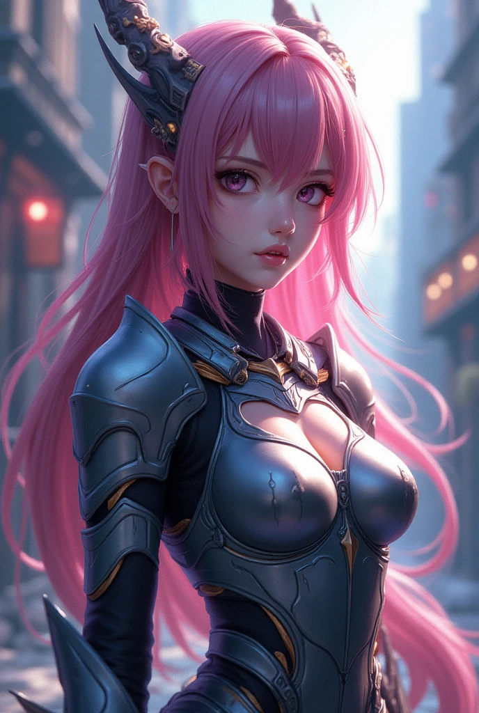 Pretty face, Best quality, Ultra-high resolution light, Glowing skin, Delicate skin, Detailed face, Delicate eyes, pretty, Pink Hair, Straight Hair, Flowing hair, Pink Eyes,pig ear, Large Breasts, Knight Armor