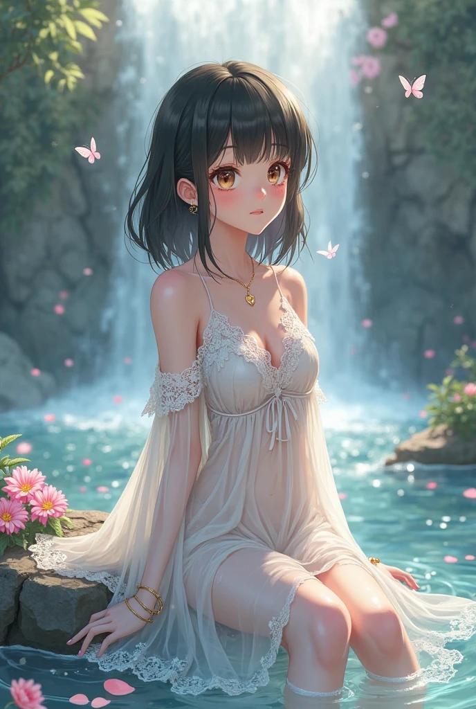 very cute and beautiful girl,frilled white summer dress with detailed lace,skirt lift,(white panties),
(highly detailed beautiful face),cowboy shot,(smile),black hair,flower crown,
(standing by water spring in forest),fog,fantastic stone monument,detailed landscape,
(best quality,masterpiece:1.2),absurdres,highres,ultra-detailed,extremely detailed,32k,8k resolution,
intricate details,cinematic scene,detailed background,solo,dynamic angle,
cinematic lighting,dim light,hair fluttering in the wind,