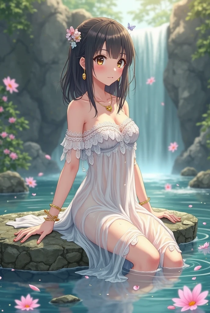 1 girl, upper body, single focus, graceful allure, tulip-inspired gown, timeless elegance, (tulip garden: 1.4), (springtime elegance: 1.3), velvety petals, enchanting aura, [depth of field, ambient lighting, tulip foreground, serene garden background], colorful tulips, tranquil garden, swaying blossoms, (scenic pond), (garden bench: 1.2), intricate floral details, enhanced lighting.