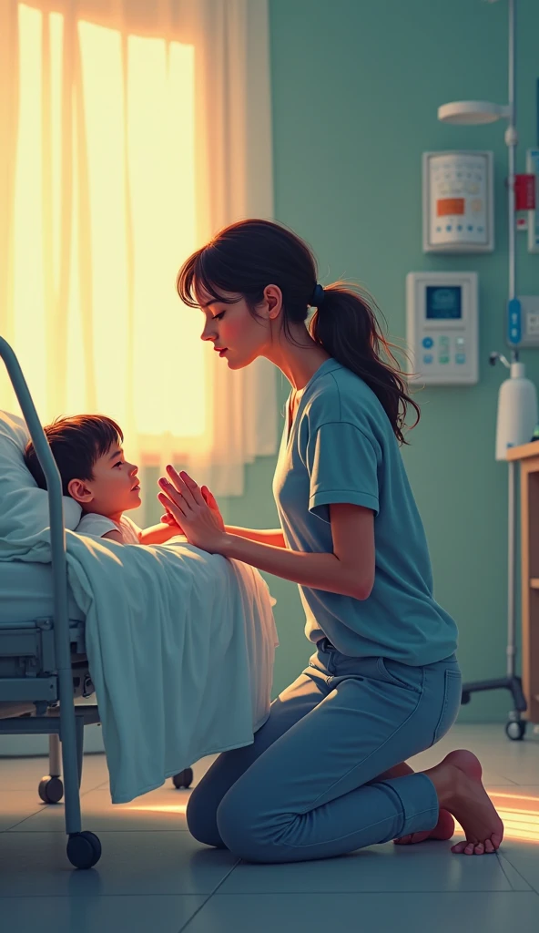 A mother argues with her son in the hospital room because he is behaving very badly and does not allow him to receive health services because the child has an injured arm.. The child is in the hospital bed (lively)