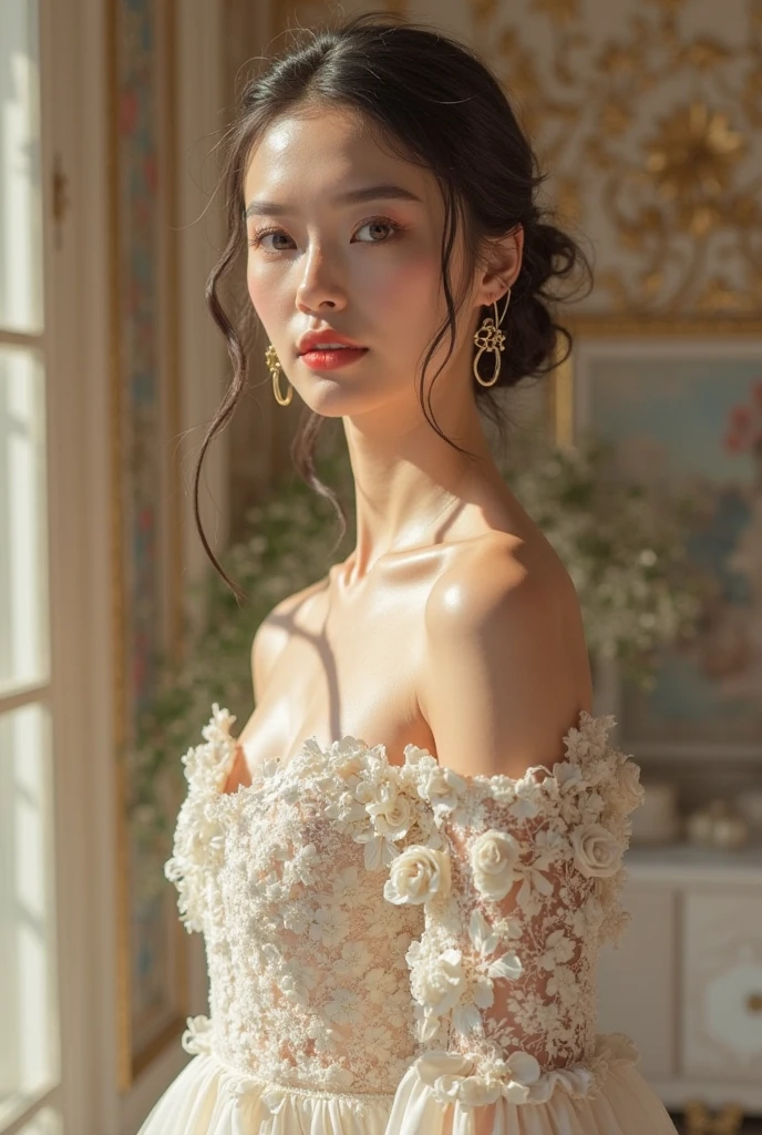 masterpiece, best quality, solo, 1girl, luminous skin, hoop earrings, glamorous, whimsical details, slicked hair, mesmerizing, bare shoulder, crop top, long pants, shallow depth of field, contrapposto, professional model, face front, portrait