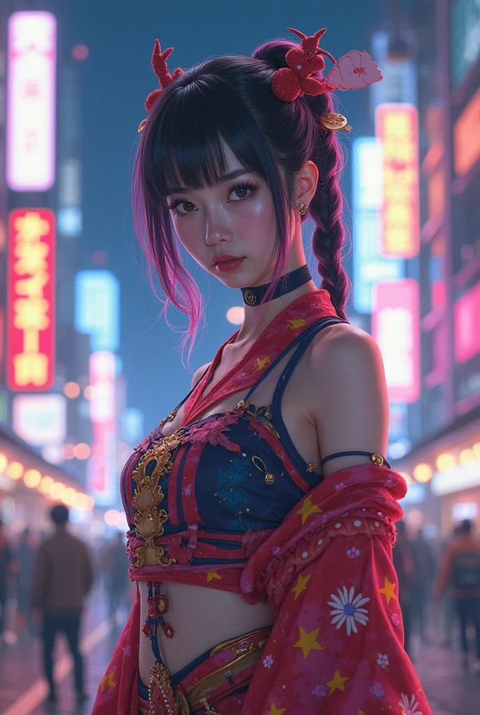 masterpiece, The best quality, 1 cyberpunk girl wearing a Harajuku inspired cyberpunk outfit, standing in the street, Bold colors and patterns, Eye-catching accessories, Modern and innovative hairstyle, dazzling cyberpunk cityscape, Skyscraper, neon signs, luces LED, Bright and vivid color scheme, anime, illustration, Detailed skin texture, Detailed fabric texture, Beautiful detailed face, intricate details, ultra detailed, cinematic lighting, Dark shadows.